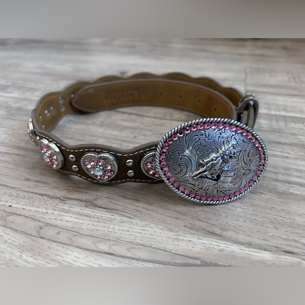 Nocona Buckles pink heart bling Brown Leather Belt with Silver Buckle sparkle